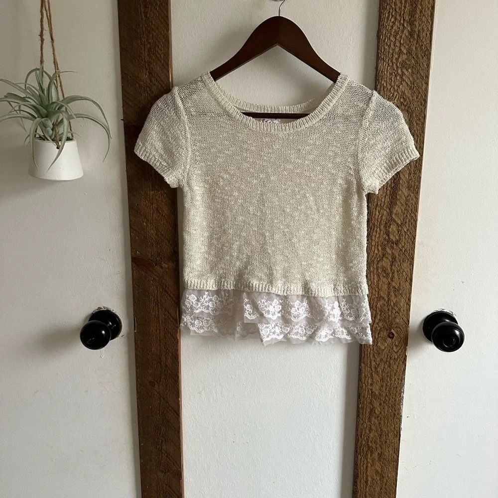 Justice Girls Short Sleeve Sweater Blouse Lace Tulle Bottom Size 12 Like New